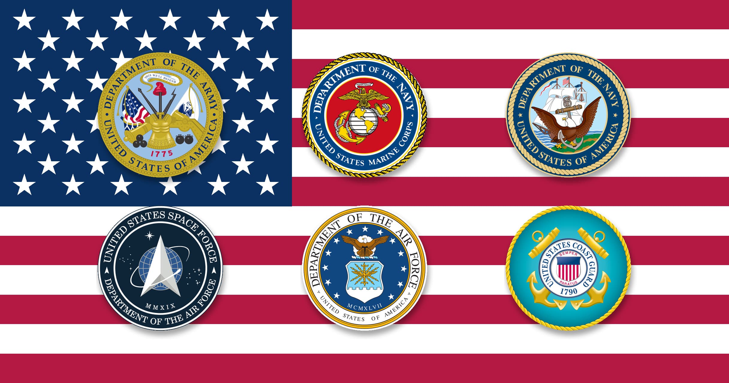 Official seals of the U.S. Army, Marine Corps, Navy, Space Force, Air Force, and Coast Guard on the American flag